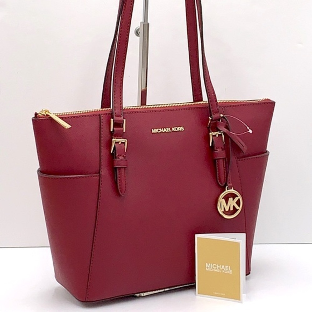NWT MICHAEL KORS CHARLOTTE LARGE TOP ZIP TOTE BAG Dark Cherry COLOR NWT